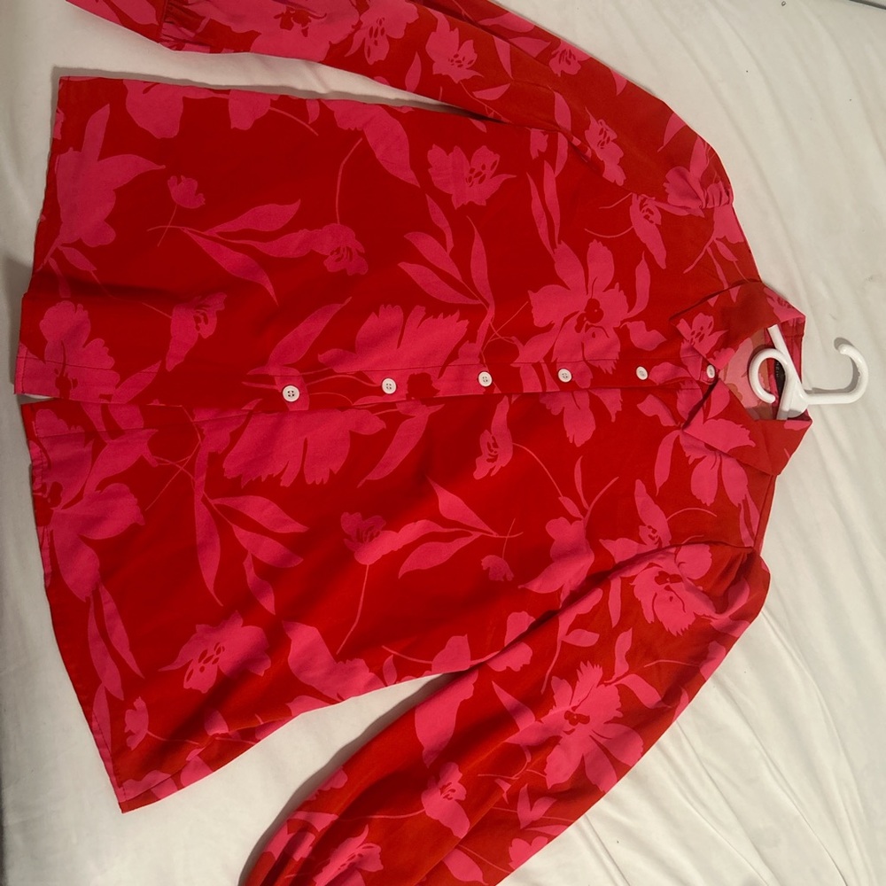 Floral Red and Pink Button-Up Blouse